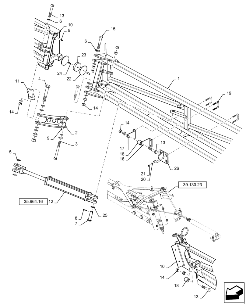 Схема запчастей Case IH 4430 - (39.130.20) - BOOM MOUNTING, MID AND OUTER BOOM, RH, 120 BOOM (39) - FRAMES AND BALLASTING