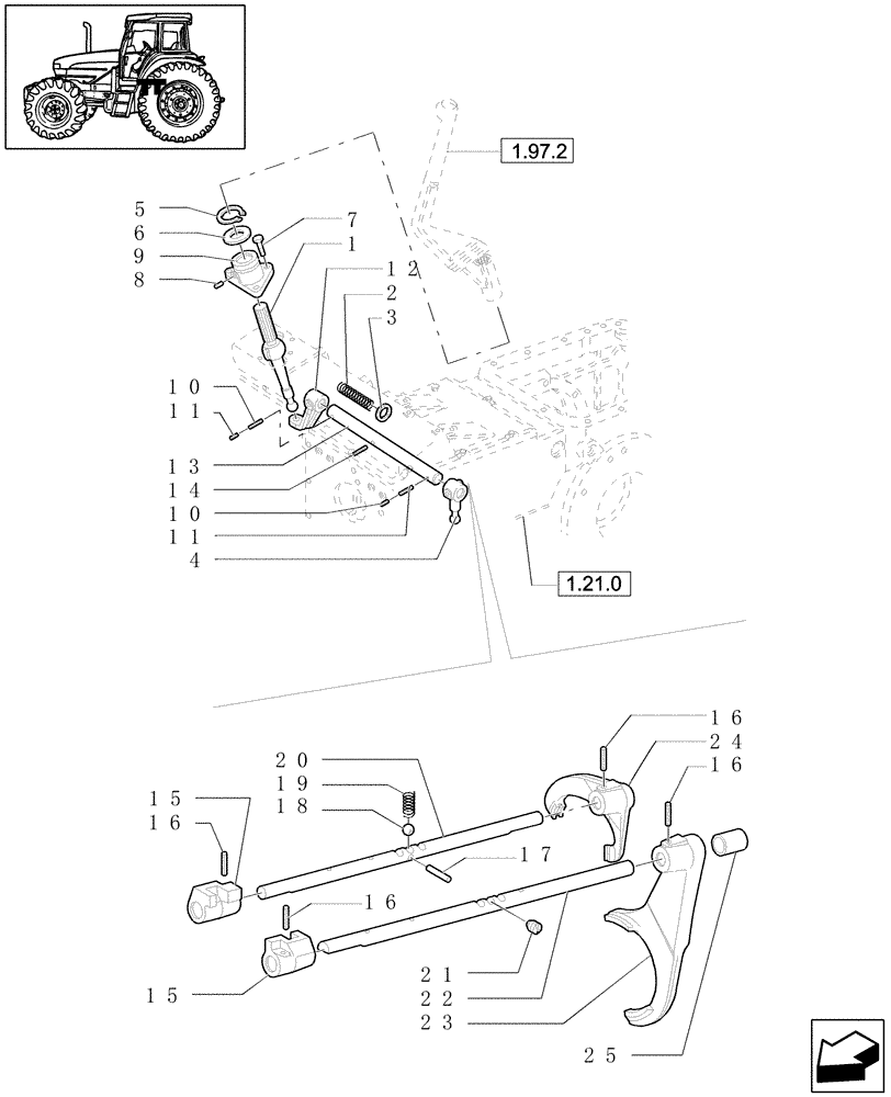 Схема запчастей Case IH JX1080U - (1.32.2) - CENTRAL REDUCTION GEARS CONTROLS - RODS & FORKS, RELEVANT PARTS (03) - TRANSMISSION