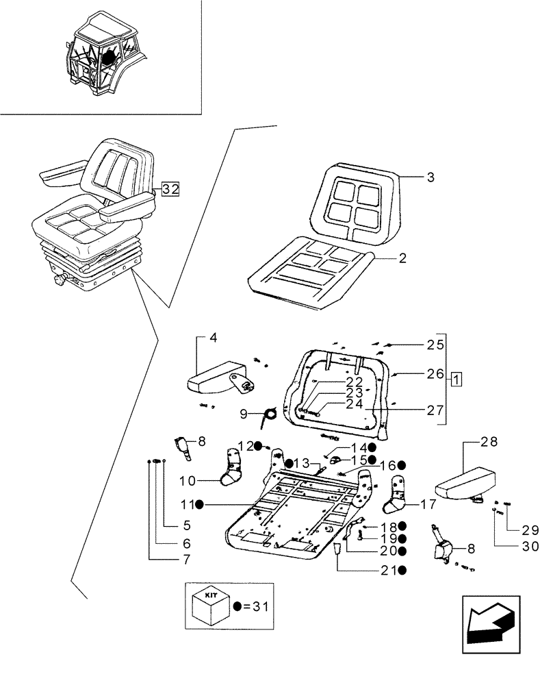 Схема запчастей Case IH JX85 - (1.93.3/02A[01]) - (VAR.191) DELUXE VINYL SEAT WITH BELTS, SUPPORT AND COMPONENT PARTS - C5662 (10) - OPERATORS PLATFORM/CAB