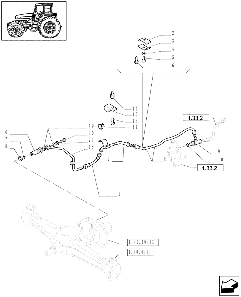 Схема запчастей Case IH JX1070U - (1.33.2/21) - (VAR.500-501) FRONT AXLE CLASS 1 WITH SECOND STEERING CYLINDER AND HYDRAULIC LOCK - PIPES (04) - FRONT AXLE & STEERING