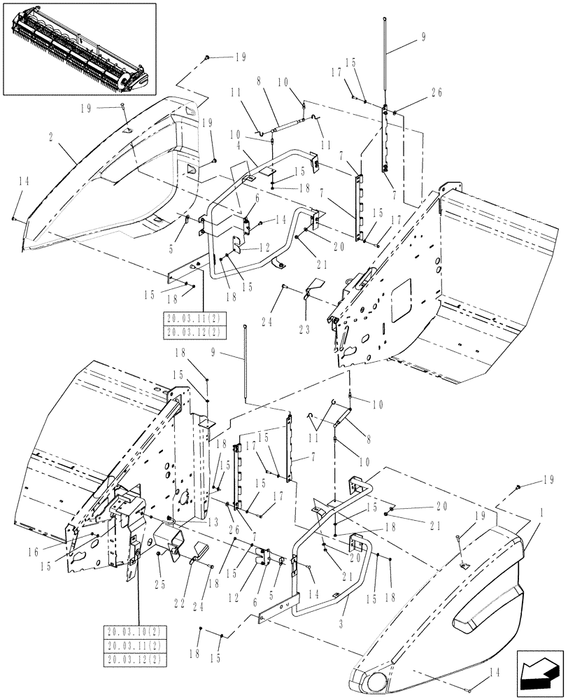 Схема запчастей Case IH 2020 - (20.08.02[1]) - SHIELD ASSEMBLY, DOUBLE KNIFE DRIVE, PIN CBJ021301 AND AFTER [KNIFE STORAGE COVERS] (90) - PLATFORM, CAB, BODYWORK AND DECALS