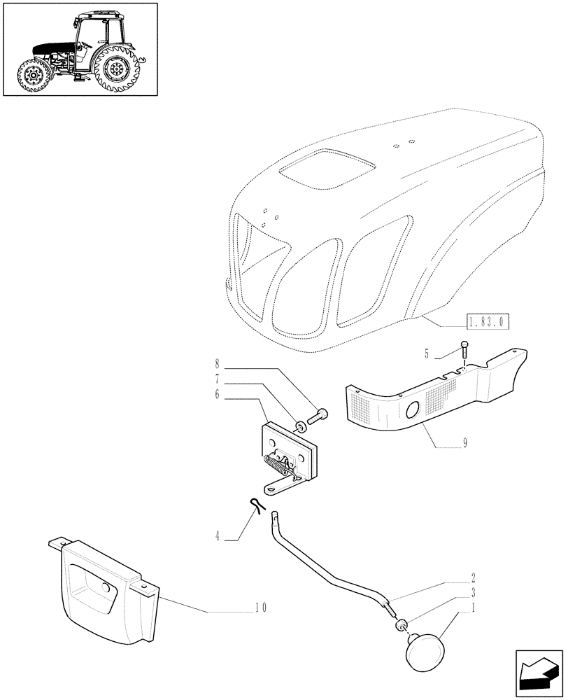 Схема запчастей Case IH JX1085C - (1.83.0/02) - (VAR.030-031) FRONT HPL W/PTO & BRAKES - HOODS (08) - SHEET METAL