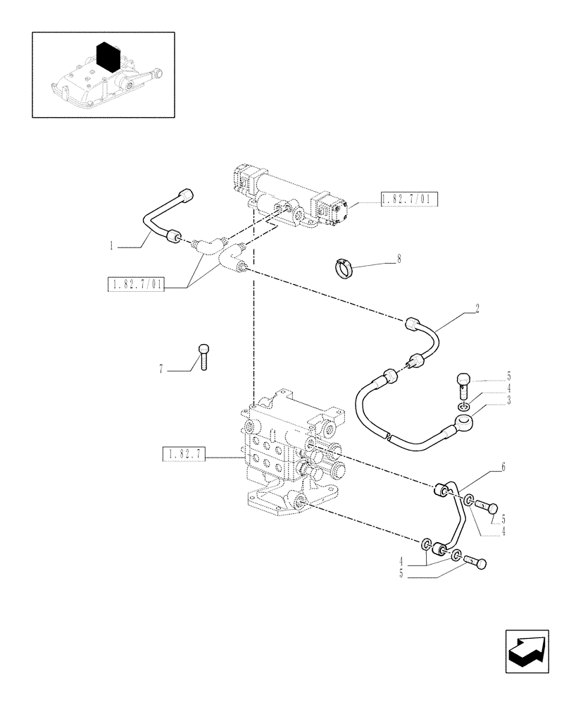 Схема запчастей Case IH JX1070N - (1.82.1/01) - (VAR.821-832) ELECTRONIC LIFT (OPEN CENTER) - PIPES (07) - HYDRAULIC SYSTEM