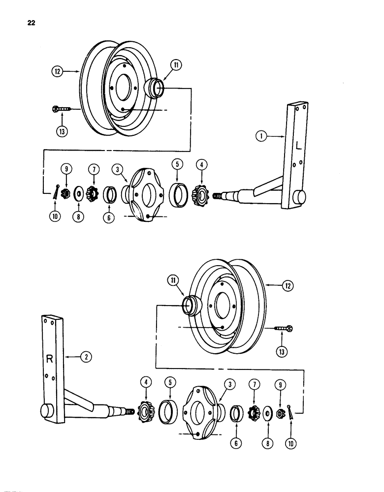 Схема запчастей Case IH 96 - (22) - SPINDLES BEARINGS HUBS & WHEELS, 96 AND 97 HYDRAULIC DRIVE RAKES 