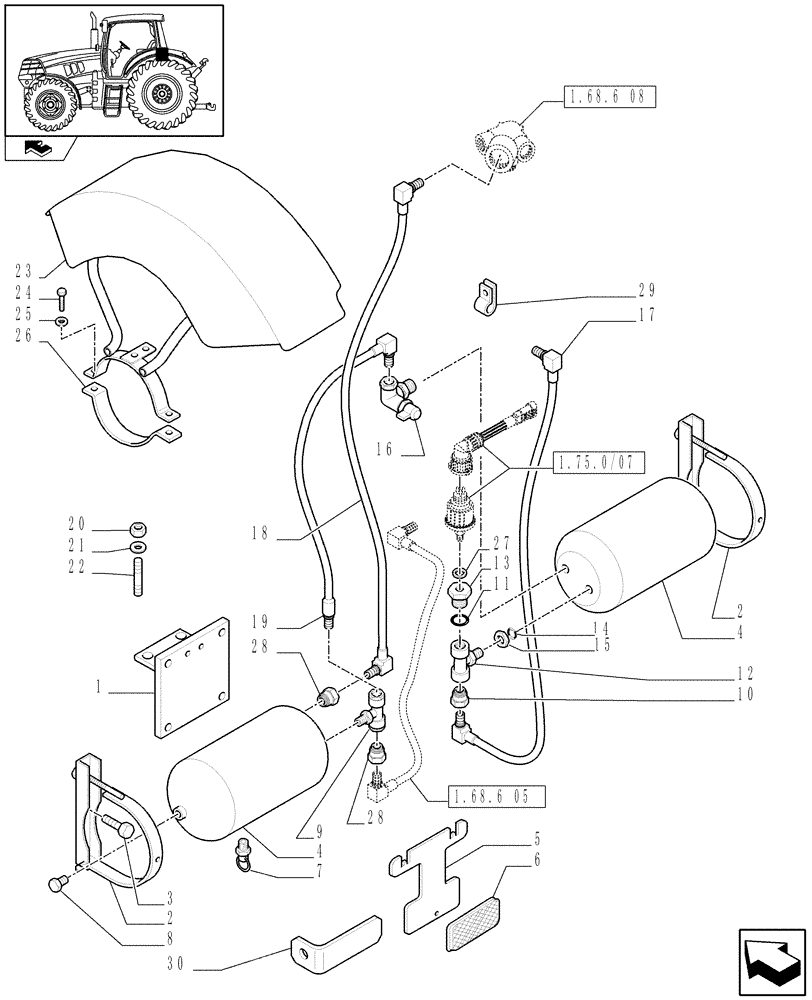 Схема запчастей Case IH MAXXUM 130 - (1.68.6[06]) - PNEUMATIC TRAILER BRAKE - AIR TANK AND PIPES (VAR.332727-332737-332739) (05) - REAR AXLE