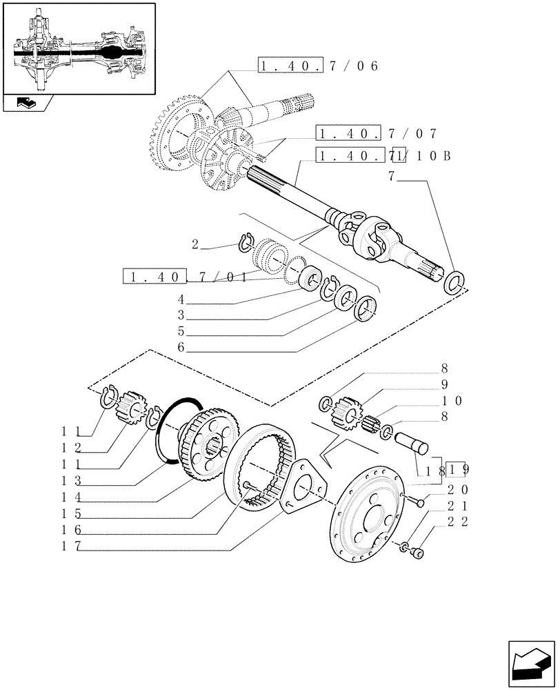 Схема запчастей Case IH PUMA 125 - (1.40. 7/10[01B]) - (CL.3) FRONT AXLE WITH DOG CLUTCH AND STEERING SENS. - DIFFERENTIAL GEARS AND SHAFT - D6449 (VAR.330409) (04) - FRONT AXLE & STEERING