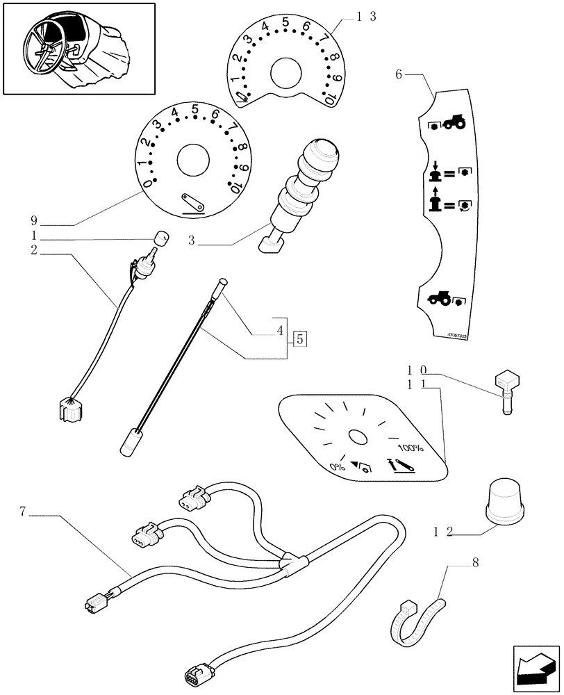 Схема запчастей Case IH MXU110 - (1.91.1/10) - (VAR.558-559-562-563) FRONT HPL AND FRONT PTO WITH SHAFT WITH 6 SPLINES - SWITCHES AND CABLES (10) - OPERATORS PLATFORM/CAB