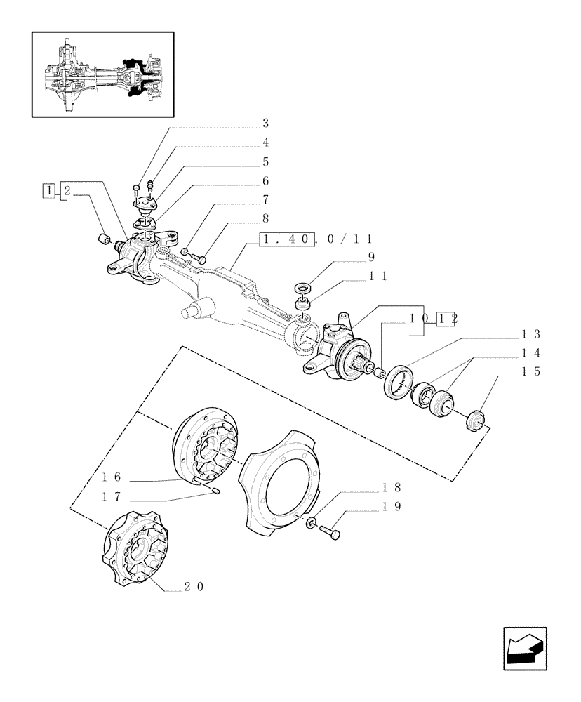 Схема запчастей Case IH JX80U - (1.40.0/22) - (VAR.308-308/1) FRONT AXLE CL.2 HYDR. LOCKING 30-40 KM/H. - STEERING PIVOT PIN (04) - FRONT AXLE & STEERING