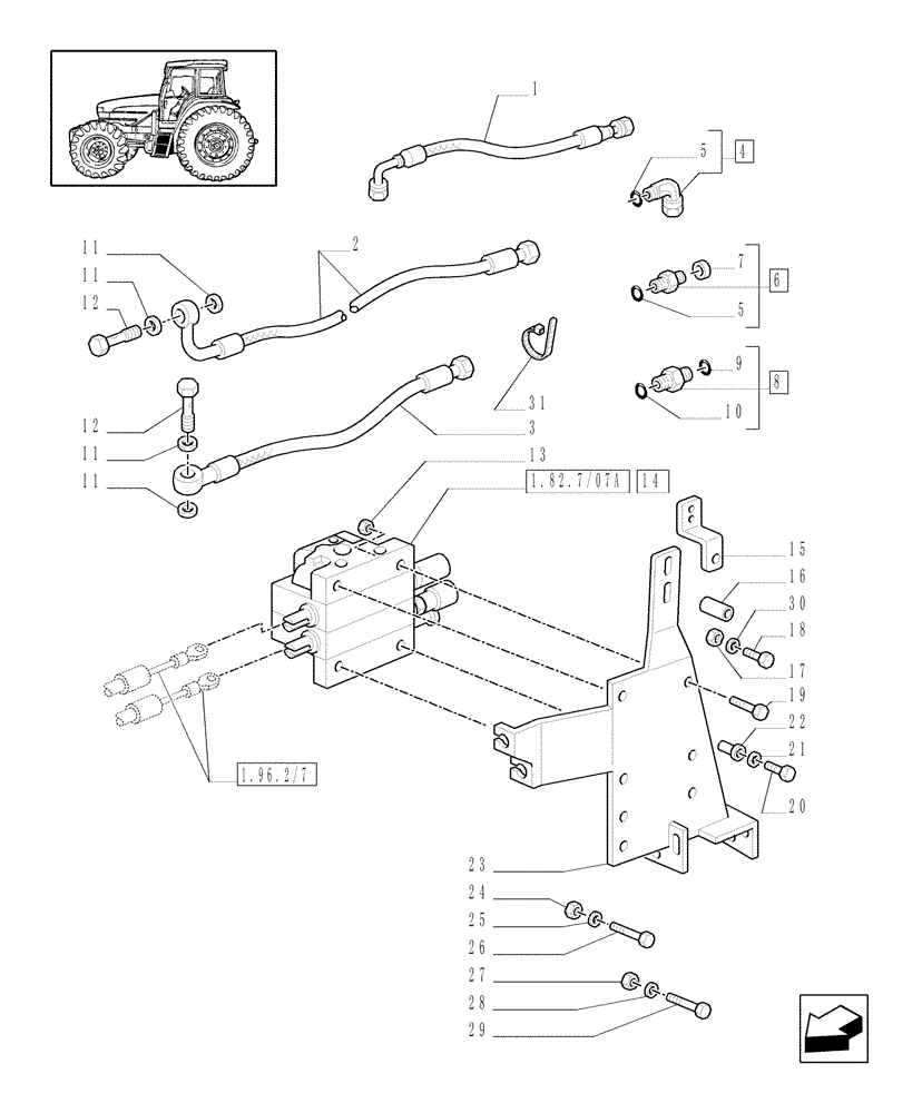 Схема запчастей Case IH MXM190 - (1.82.7/09[02]) - (VAR.714/1) CONTROL VALVES WITH JOYSTIC FOR FRONT LIFT WITH CAB AND SUSPENSIONS - PIPES (07) - HYDRAULIC SYSTEM