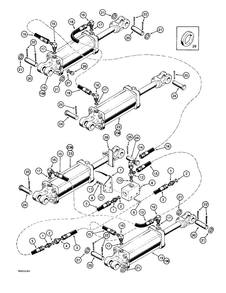 Схема запчастей Case IH 8500 - (8-36) - GAUGE WHEEL LINES, CYLINDERS AND STROKE CONTROL, WITH MIDWAY TIE ROD TYPE CYLINDERS, 45 WIDE DRILL (08) - HYDRAULICS