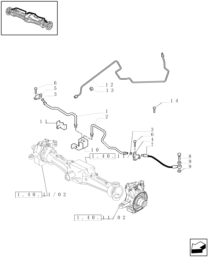 Схема запчастей Case IH MAXXUM 120 - (1.40.11/14[02]) - 4WD (CL.3) FRONT AXLE WITH LIMITED SLIP DIFF. LOCK AND BRAKES - BRAKES PIPES (VAR.330425) (04) - FRONT AXLE & STEERING