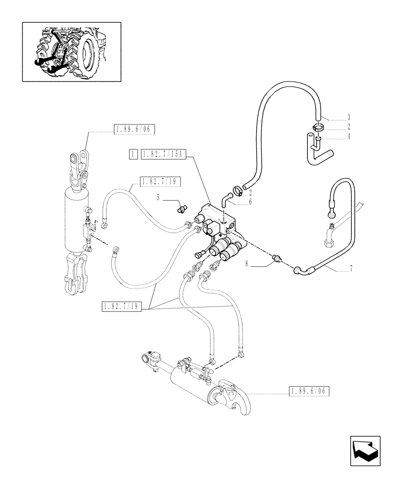 Схема запчастей Case IH MAXXUM 100 - (1.82.7/18[02]) - 4 ELECTROHYDRAULIC REAR REMOTE CONTROL VALVES WITH HYDR. ADJUST. LINKAGE- CHANGEOVER VALVE AND PIPES (VAR.331862) (07) - HYDRAULIC SYSTEM