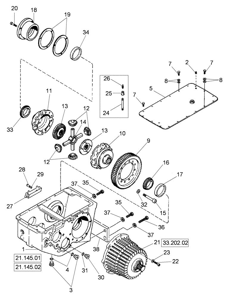 Схема запчастей Case IH 625 - (21.120.01) - TRANSMISSION ASSY - HOUSING AND DIFFERENTIAL (21) - TRANSMISSION