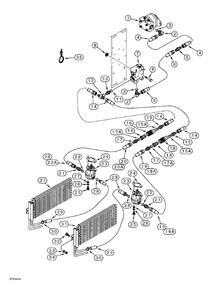 Схема запчастей Case IH 955 - (8-17A) - BLOWER PUMP HYDRAULIC SYSTEM, PRESSURE LINES TO BLOWER MOTOR & COOLER (08) - HYDRAULICS