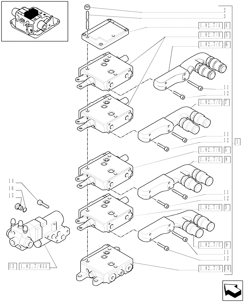 Схема запчастей Case IH MXU110 - (1.82.7/03[02]) - (VAR.255) 4 CONTROL VALVES WITH TRAILER BRAKE VALVE AND ASSOCIATED PARTS (07) - HYDRAULIC SYSTEM