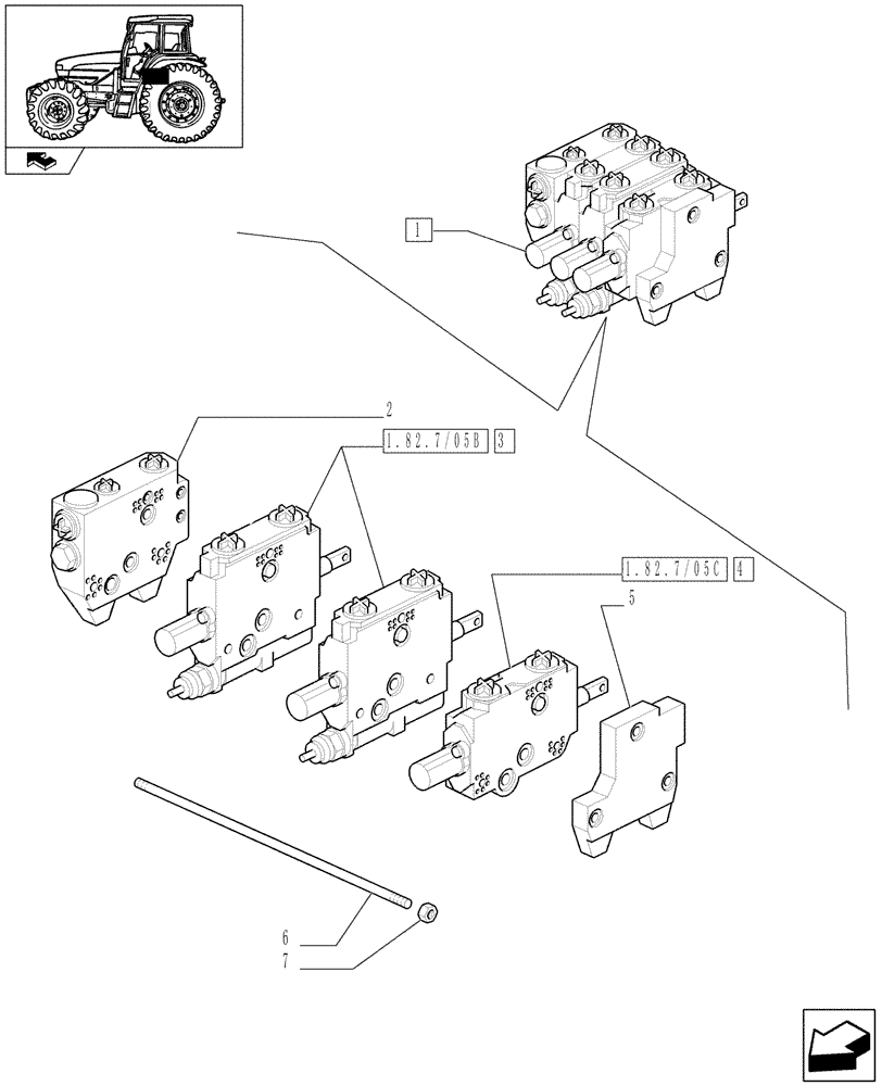 Схема запчастей Case IH FARMALL 95U - (1.82.7/06A) - THREE CONTROL VALVES (BOSCH) - PARTS - C6083 (07) - HYDRAULIC SYSTEM