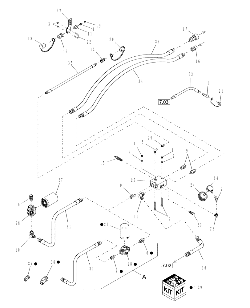 Схема запчастей Case IH DHX301 - (7.01[3.2]) - HYDRAULIC SUPPLY & RETURN, FROM PIN K01 2003, WDX1701 (07) - HYDRAULICS