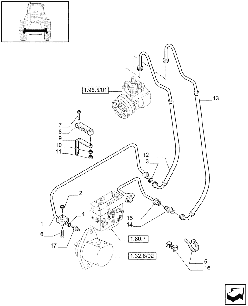 Схема запчастей Case IH MAXXUM 130 - (1.42.0/02[01]) - POWER STEERING DELIVERY AND RETURN PIPES FOR 16X16 AND 17X16 TRANSMISSION - C6562 (04) - FRONT AXLE & STEERING