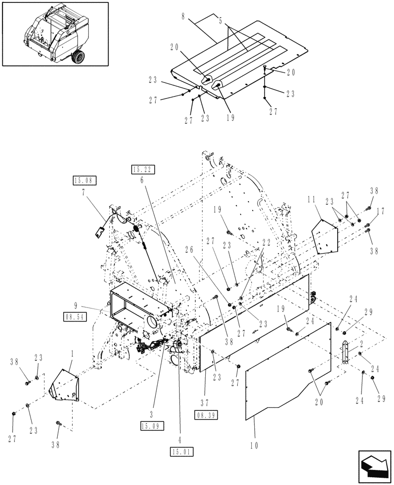 Схема запчастей Case IH RB464 - (15.04[2]) - ELECTRIC TWINE WRAP, SHIELDS, EUROPE & R.O.W. (15) - KNOTTER /WRAPPER