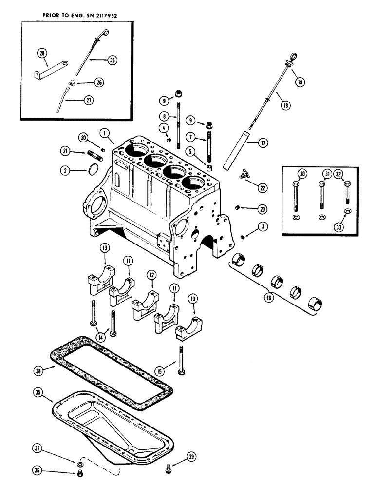 Схема запчастей Case IH 1150 - (121A) - CYLINDER BLOCK ASSY, 188 DIESEL ENGINE, FOR NARROW FLANGED SLEEVES, USED PROR TO ENG. S.N. 2610997 (10) - ENGINE