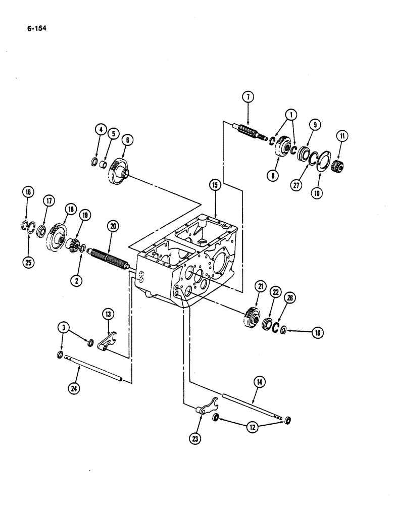 Схема запчастей Case IH 782 - (6-154) - TRANSMISSION MAIN SHAFT INPUT DRIVE SHAFT SHIFTER RAILS AND FORKS (03) - POWER TRAIN