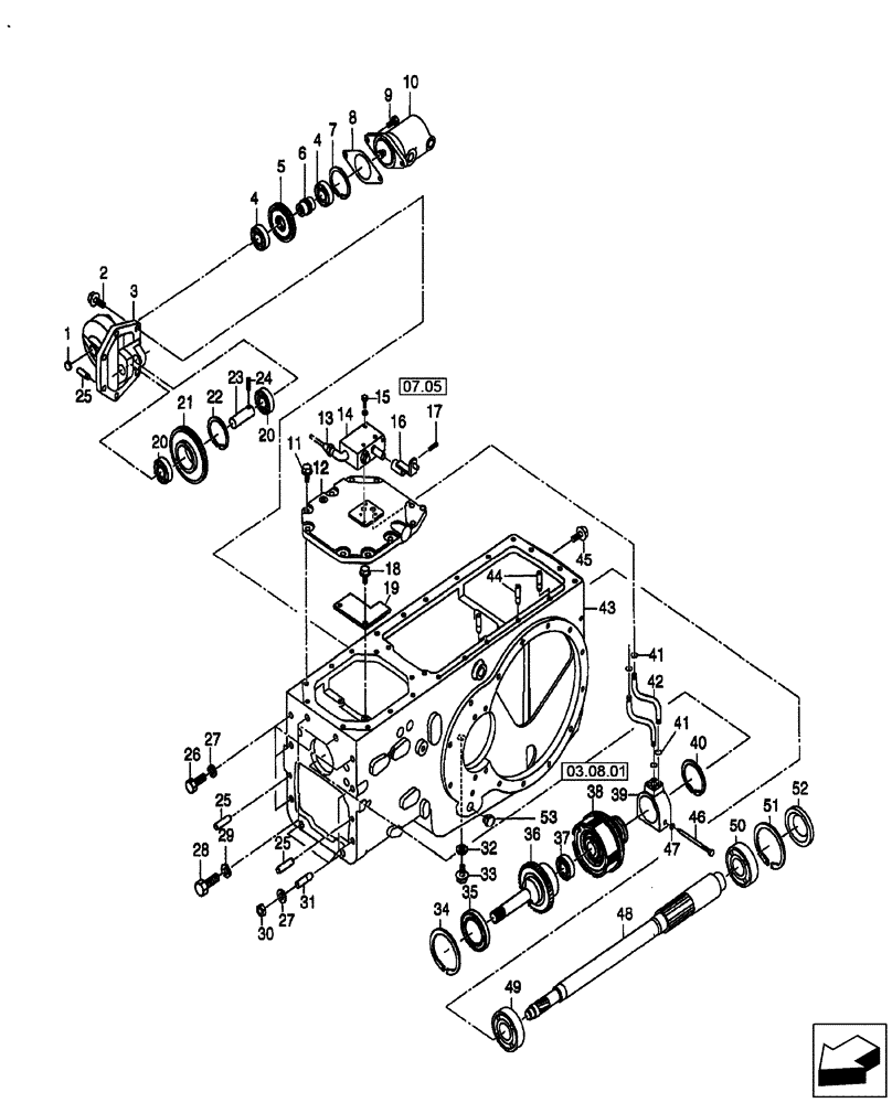 Схема запчастей Case IH FARMALL 55 - (03.08) - REAR TRANSMISSION PTO, UPPER SHAFT (03) - TRANSMISSION