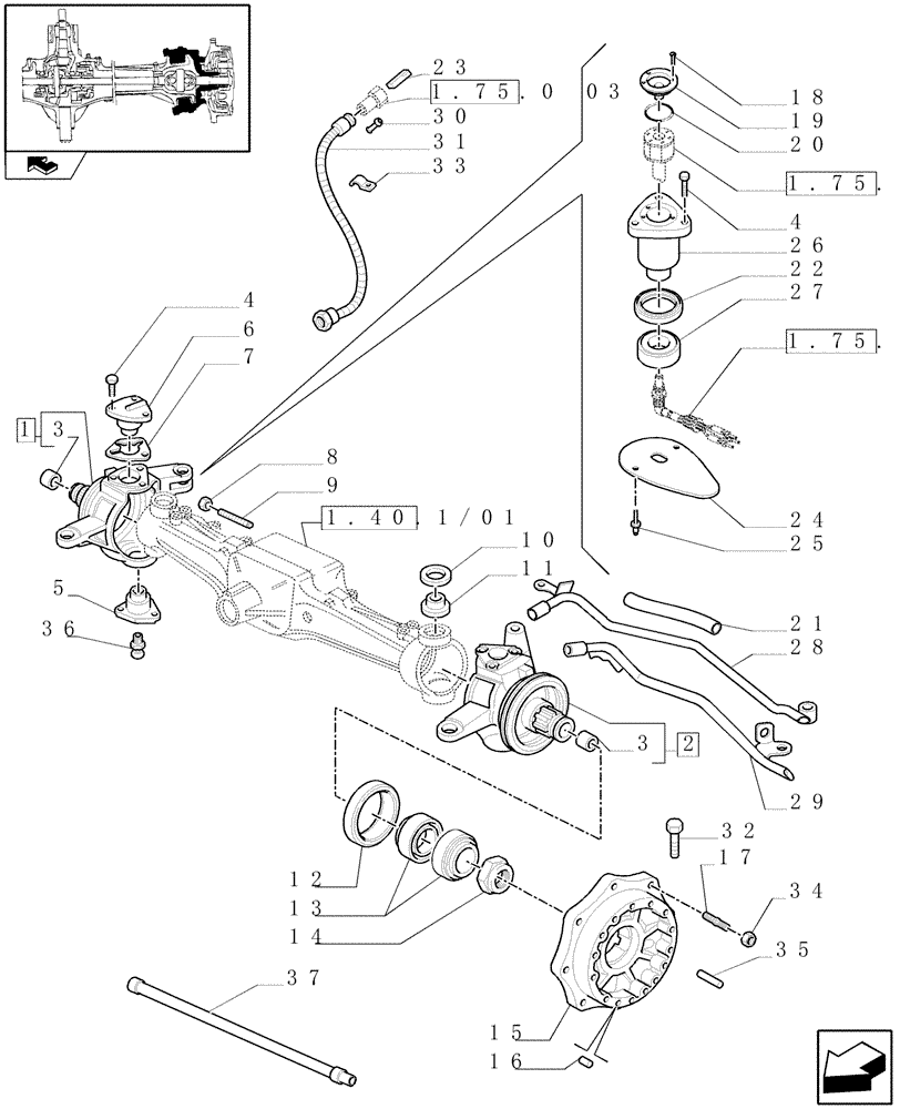 Схема запчастей Case IH MAXXUM 115 - (1.40.1/02) - (CL.3) SUSPENDED FRONT AXLE WITH HYDR. DIFFER. LOCK AND STEERING SENSOR - STEER. AXLES AND HUBS (VAR.330414) (04) - FRONT AXLE & STEERING