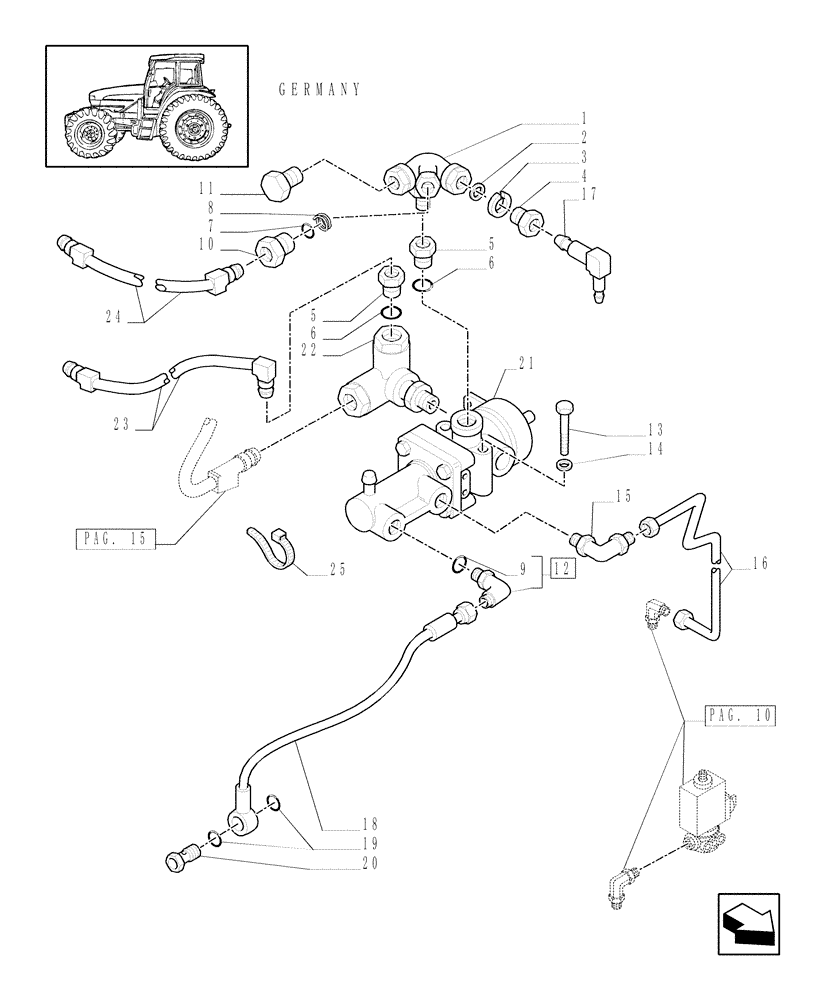 Схема запчастей Case IH MXU110 - (1.68.6[12]) - (VAR.385) TRAILER AIR BRAKE GERMANY - CONTROL VALVE AND RELEVANT PARTS - C5287 (05) - REAR AXLE