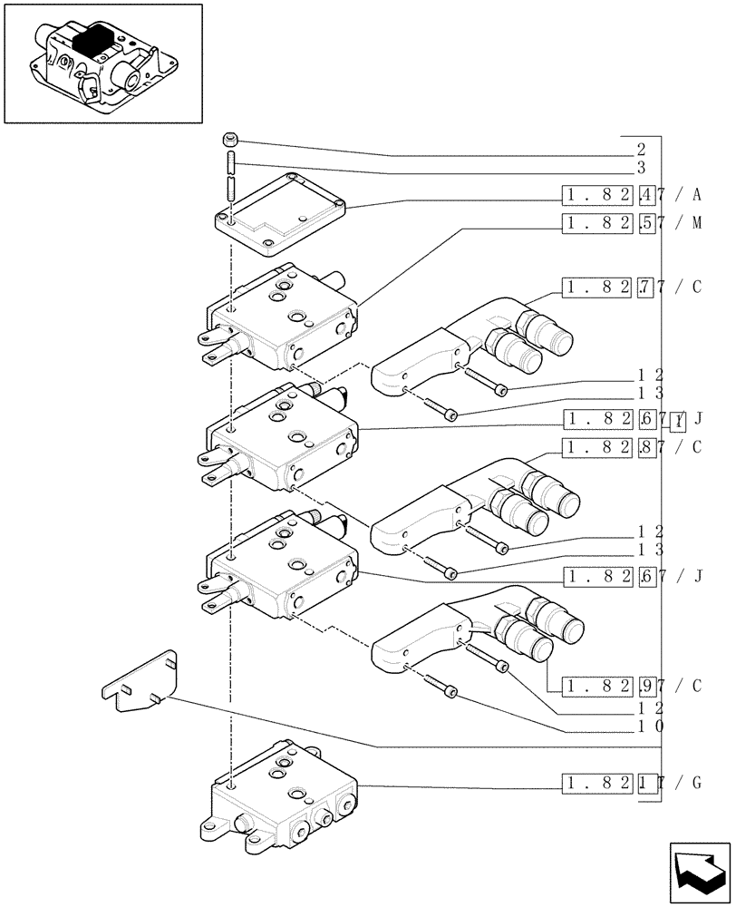 Схема запчастей Case IH MXU125 - (1.82.7/45[02]) - (VAR.011) 3 REMOTES(1NC+2CONFIG) FOR FIXED DISPLACEMENT PUMP FOR MDC AND RELEVANT PARTS (07) - HYDRAULIC SYSTEM