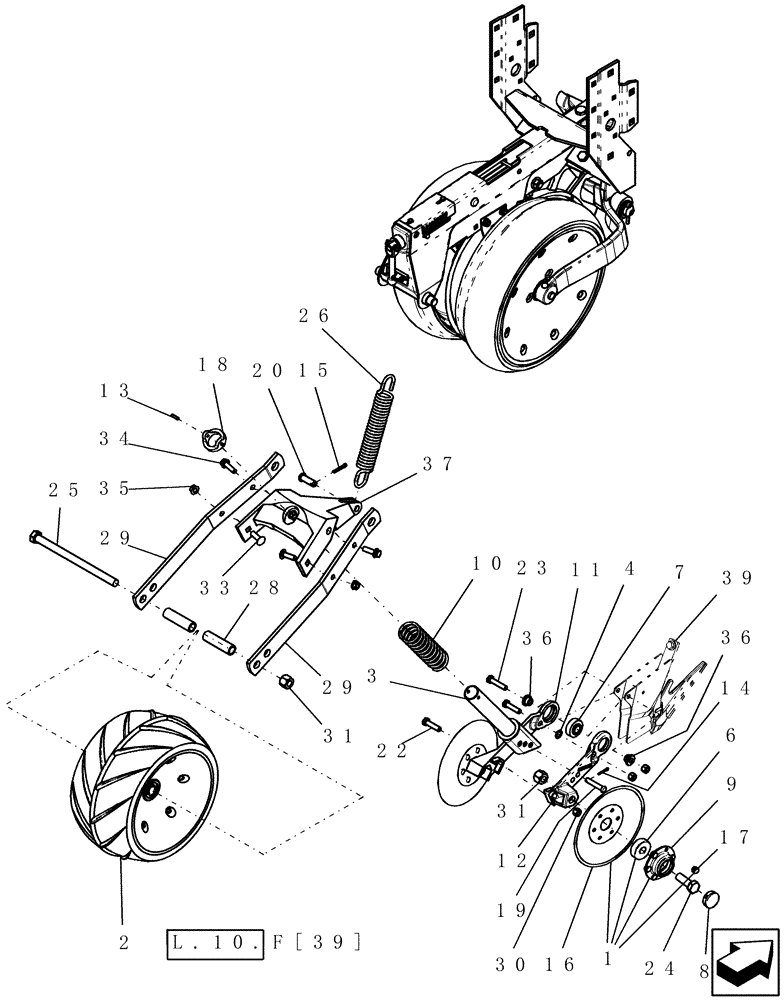 Схема запчастей Case IH 1200PT - (L.10.F[31]) - PRESS WHEEL & COVERING DISC, WITH LH LEADING DISC OPENER (RH SIDE OF PLANTER AFTER APRIL 2007) L - Field Processing