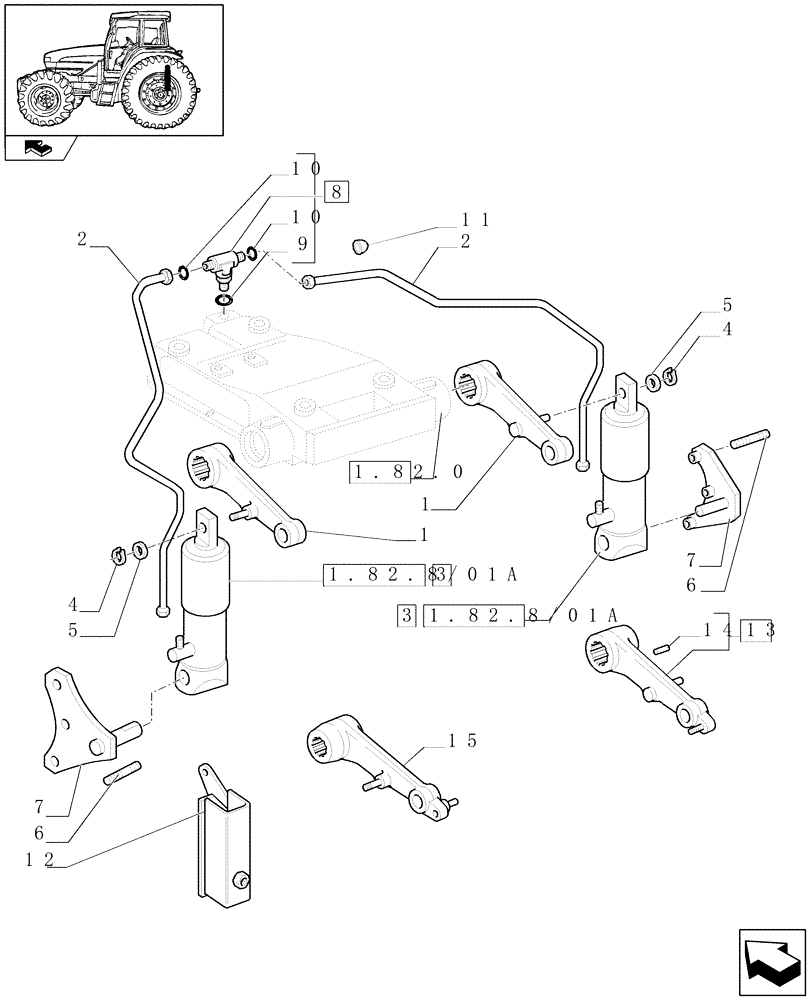 Схема запчастей Case IH FARMALL 105U - (1.82.1/03) - 2 ADDITIONAL JACKS FOR MDC - PIPES, UNIONS AND SUPPORTS (VAR.331784-337784) (07) - HYDRAULIC SYSTEM