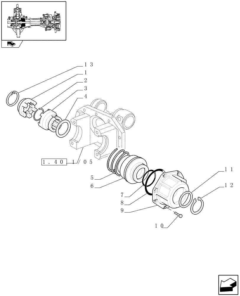 Схема запчастей Case IH FARMALL 95U - (1.40.1/03[01]) - FRONT AXLE WITH DIFFERENTIAL LOCK - SLEEVES AND COVER PLATE (VAR.330308) (04) - FRONT AXLE & STEERING