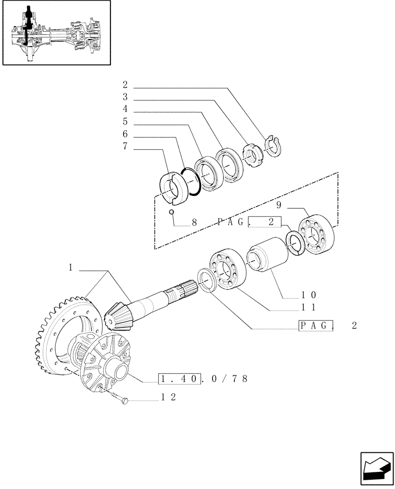 Схема запчастей Case IH JX80U - (1.40.0/69[01]) - (VAR.415) FRONT AXLE CL. 2/BRAKE, FRONT MUDGARD HYDR. DIFF. LOCK. HYDR. TRANSM. - BEVEL GEAR PAIR (04) - FRONT AXLE & STEERING