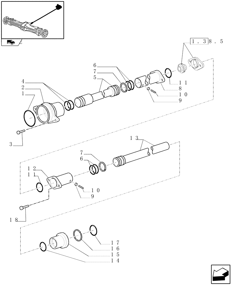 Схема запчастей Case IH MAXXUM 140 - (1.38.8) - WATERPROOFING FOR FIXED FRONT AXLE - SLEEVE, SHIELD & FLANGE (VAR.330448-336449) (04) - FRONT AXLE & STEERING