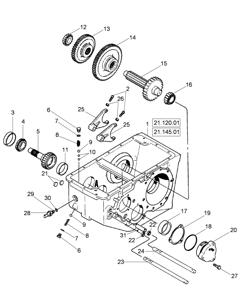 Схема запчастей Case IH 635 - (21.145.02) - TRANSMISSION ASSEMBLY, INPUT SHAFT, GEARS AND SHIFTER RAILS (21) - TRANSMISSION