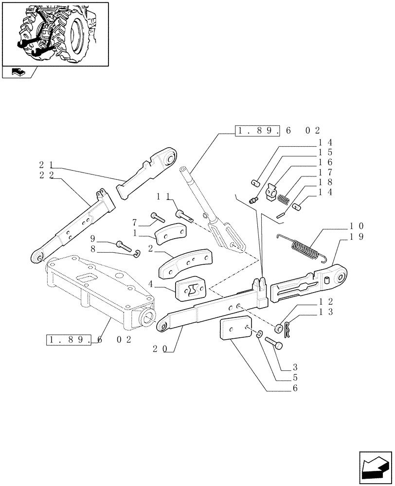 Схема запчастей Case IH FARMALL 95 - (1.89.6/06[01]) - 3 POINT LINKAGE WITH CAT.2 FLEXIBLE ENDS AND SWAY BLOCK STABILIZERS - FOR HIGH CLEARANCE VERSION (VAR.332600) - C7006 (09) - IMPLEMENT LIFT