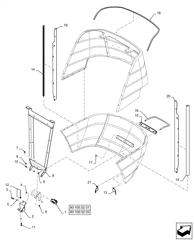 Схема запчастей Case IH QUADTRAC 600 - (90.100.01[02]) - ENGINE HOOD, GRILLE, AND SUPPORT (90) - PLATFORM, CAB, BODYWORK AND DECALS