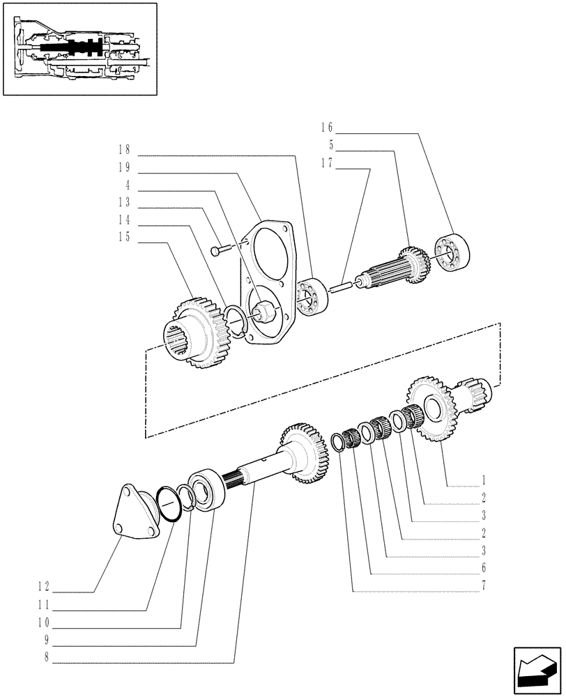 Схема запчастей Case IH JX70 - (1.28.1/01[03]) - (VAR.113-115) 20X12 TRANSMISSION WITH SYNCHRO SHUTTLE AND CREEPER - SHAFTS AND GEARS (03) - TRANSMISSION