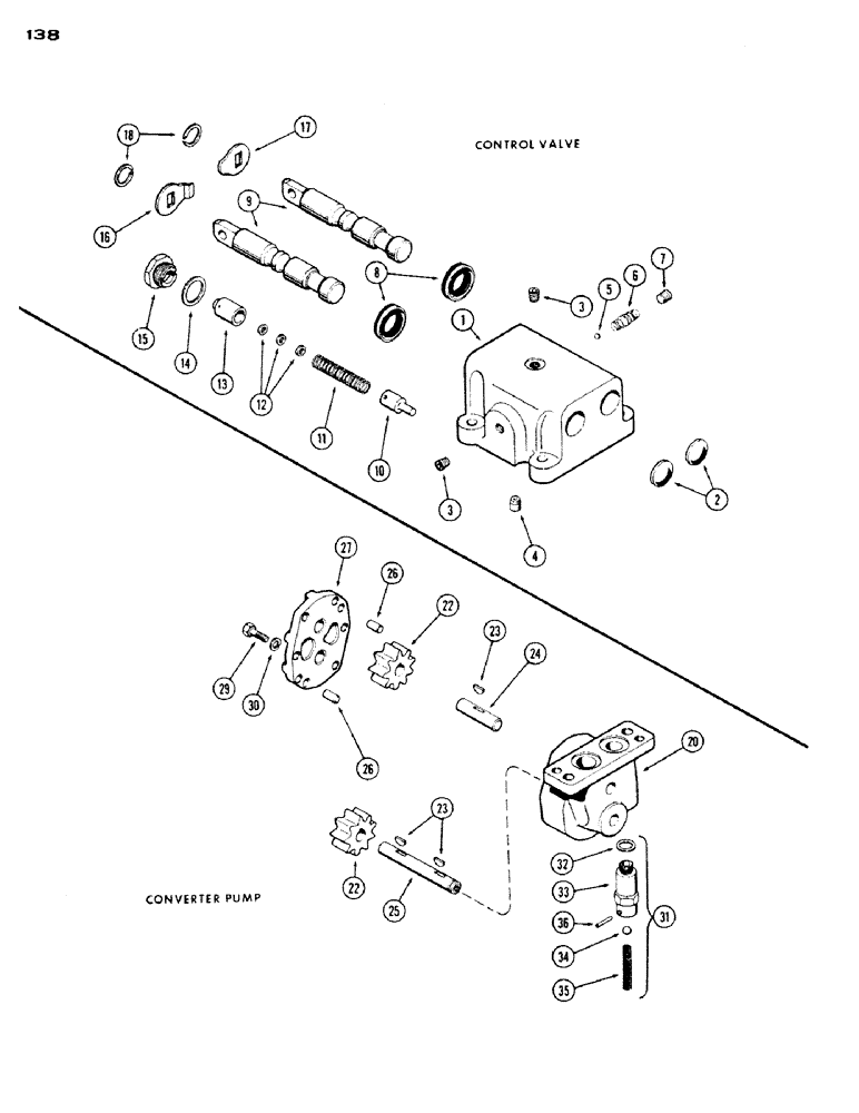 Схема запчастей Case IH 430 - (138) - G14458 CONTROL VALVE, CASE-O-MATIC DRIVE / G45386 CONVERTER PUMP (06) - POWER TRAIN