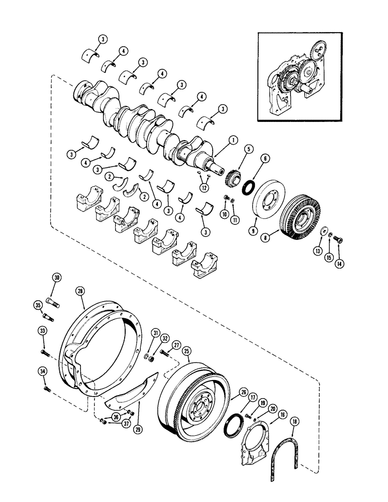 Схема запчастей Case IH 1470 - (018) - CRANKSHAFT, FLYWHEEL AND HOUSING, (504BDT) DIESEL ENGINE (02) - ENGINE