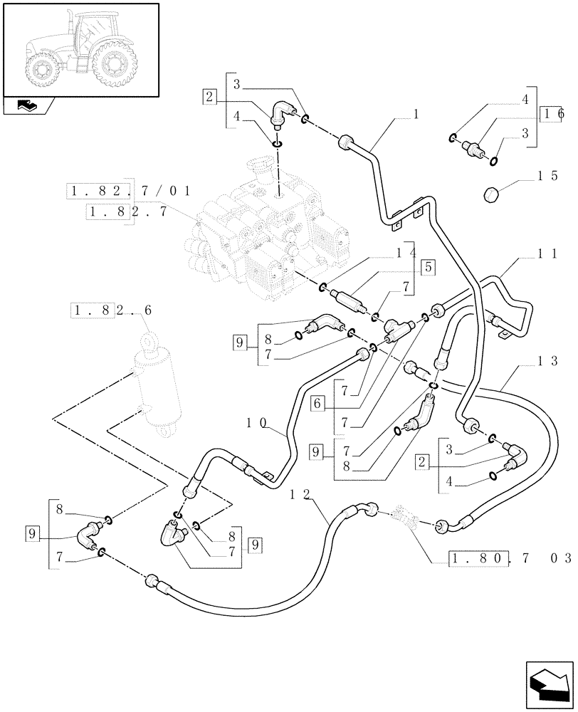 Схема запчастей Case IH PUMA 195 - (1.82.1/02[03]) - (VAR.080-084-212-463) FRONT AXLE WITH ACTIVE SUSPENSIONS - LIFTER LINES (07) - HYDRAULIC SYSTEM