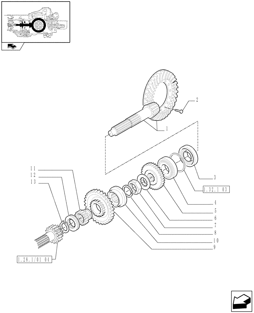 Схема запчастей Case IH FARMALL 80 - (1.32.1/05[01]) - 20X12 TRANSMISSION WITH SYNCHRO SHUTTLE AND CREEPER - BEVEL GEAR PAIR (VAR.336115-743904) (03) - TRANSMISSION