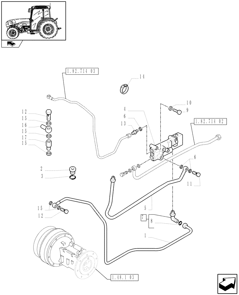 Схема запчастей Case IH FARMALL 75N - (1.82.714[01]) - HYDRAULIC TRAILER BRAKE (ITALY) - PIPES AND BRAKE VALVE (VAR.333372-338372 / 743517) (07) - HYDRAULIC SYSTEM