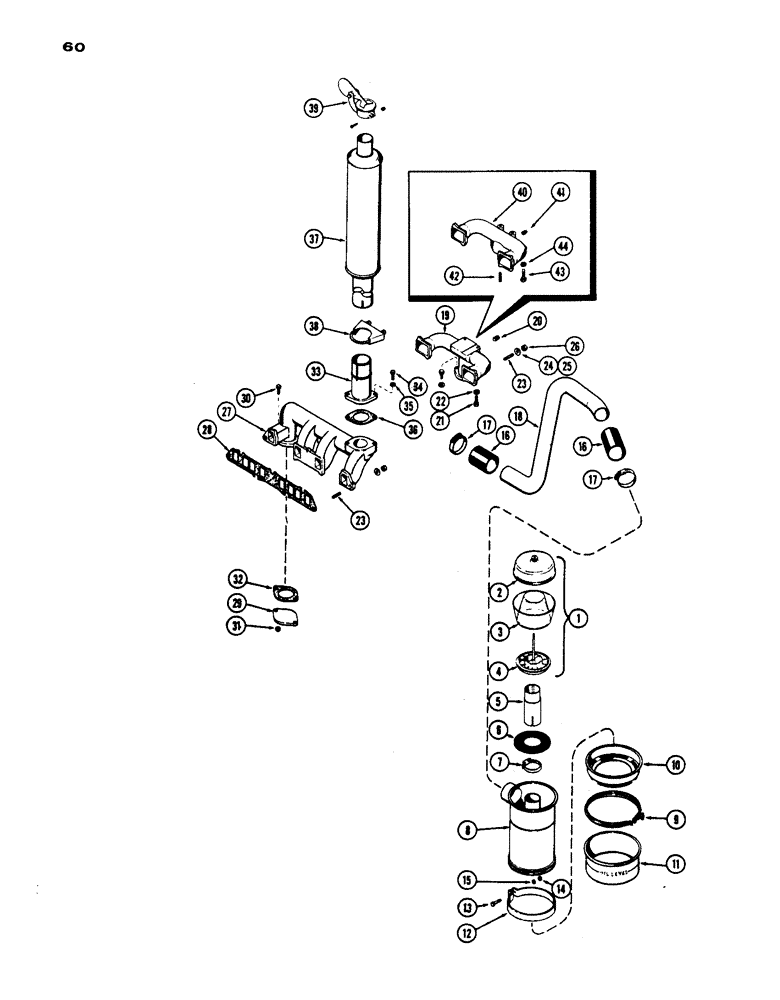 Схема запчастей Case IH 530 - (060) - AIR CLEANER, MANIFOLD AND MUFFLER, PRIOR TO S/N 8262800, 530 MODEL, 159 SPARK IGNITION ENGINE (02) - ENGINE