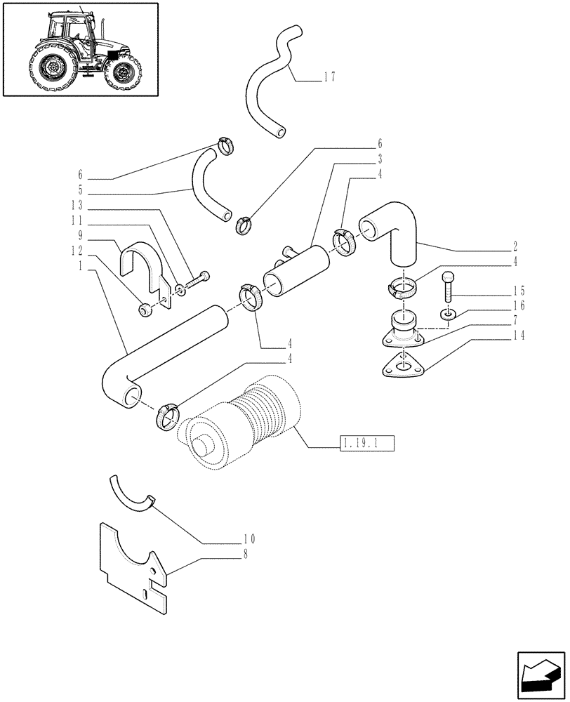 Схема запчастей Case IH JX80 - (1.19.7/01) - (VAR.189) WET AIR CLEANER - AIR CLEANER PIPING (02) - ENGINE EQUIPMENT