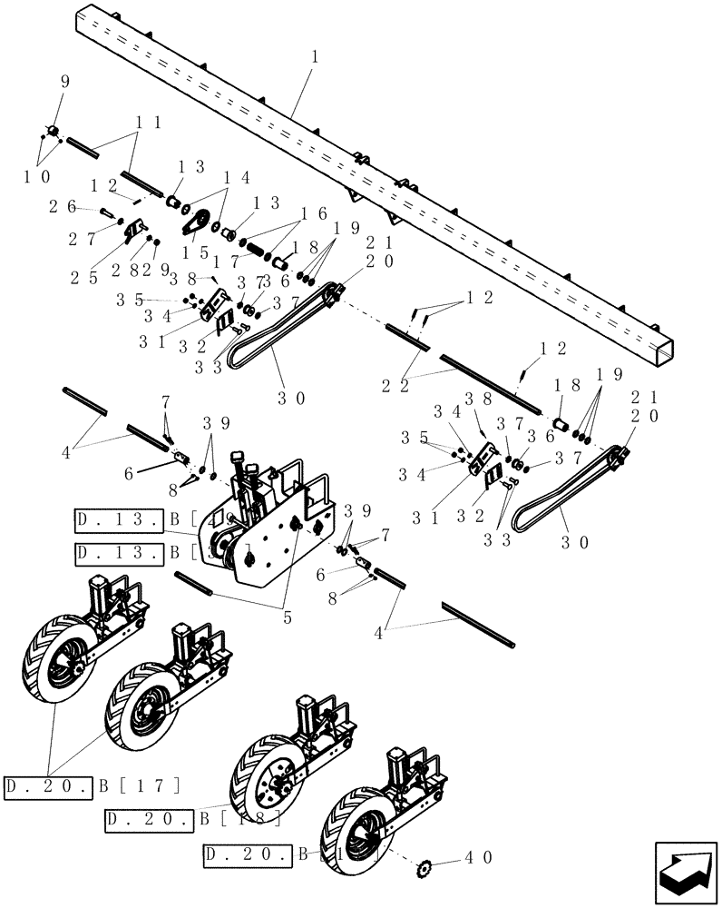 Схема запчастей Case IH 1200 - (D.13.B[14]) - BASE DRIVE SYSTEM - 8R RIGID TRAILING MECH (ASN CBJ022937) D - Travel