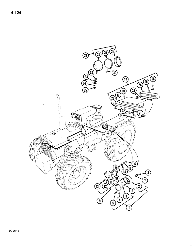 Схема запчастей Case IH 585 - (4-124) - LIGHTING AND CONNECTIONS, WITHOUT CAB, WITH FLAT TOP FENDERS (04) - ELECTRICAL SYSTEMS