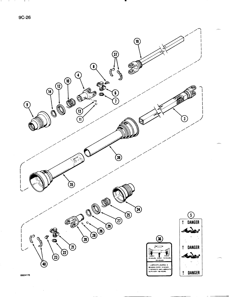 Схема запчастей Case IH 1020 - (9C-26) - AUGER AND KNIFE DRIVE SHAFT, 15, 16-1/2, 17-1/2 AND 20 FOOT HEADER, HAYES-DANA (58) - ATTACHMENTS/HEADERS