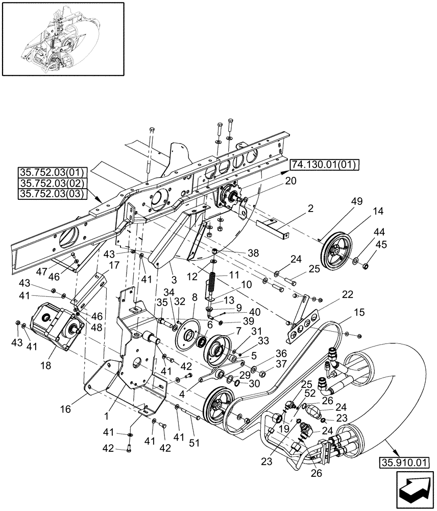 Схема запчастей Case IH 8230 - (35.910.04[01]) - CLEANING FAN DRIVE MOUNTING, NARROW TIRE OPTION (35) - HYDRAULIC SYSTEMS