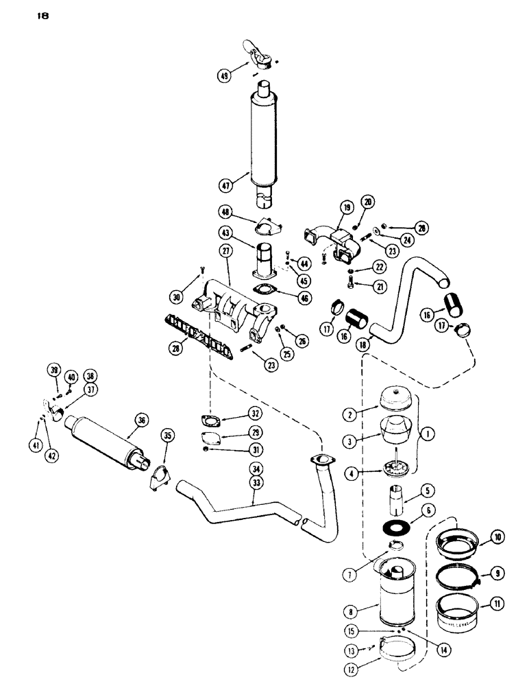 Схема запчастей Case IH 430 - (018) - AIR CLEANER, MANIFOLD, MUFFLER, 430 SERIES, 148 B SPARK IGNITION ENGINE (02) - ENGINE